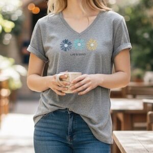 Life Is Good Heather Gray Tee with Floral Accents